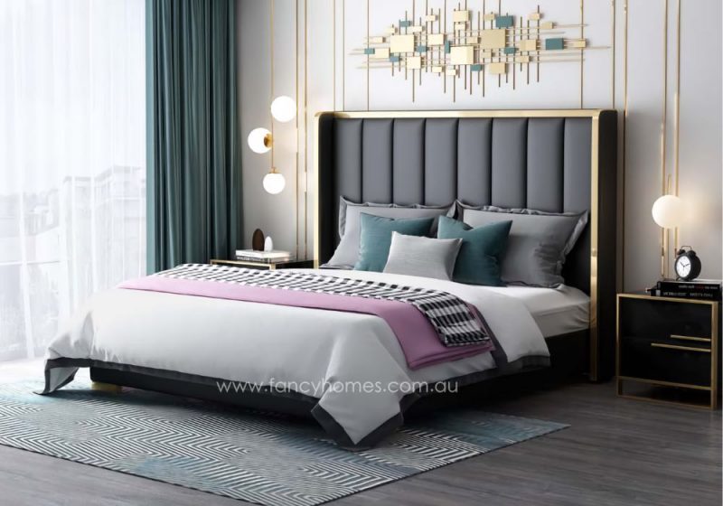 Fancy Homes Ambrose Contemporary Leather Bed Frame Leather Beds Online Black Colour with Gold Trims on Bed Head. Available in Queen and King Size