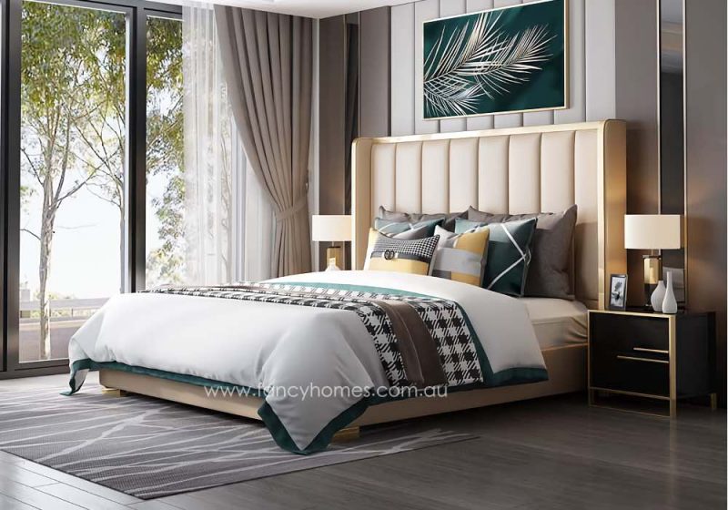 Fancy Homes Ambrose Contemporary Leather Bed Frame Leather Beds Online Beige Colour with Gold Trims on Bed Head Front View. Available in Queen and King Size. Beige and Gold Leather Bed