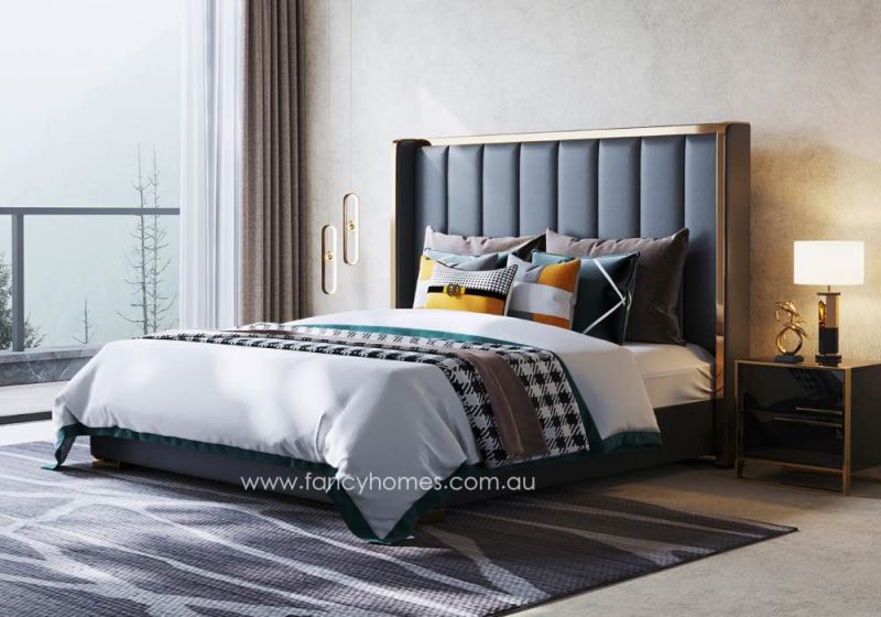 Fancy Homes Ambrose Contemporary Leather Bed Frame Leather Beds Online Dark Grey Colour with Gold Trims on Bed Head. Available in Queen and King Size