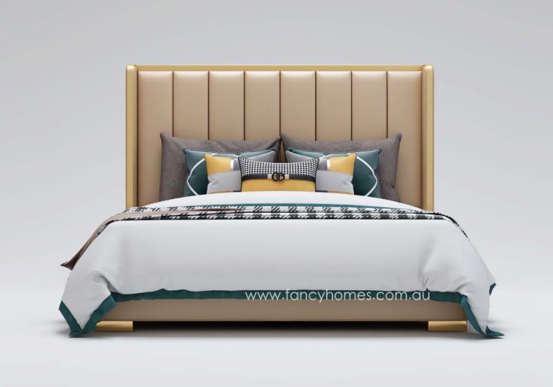 Fancy Homes Ambrose Contemporary Leather Bed Frame Leather Beds Online Beige Colour with Gold Trims on Bed Head Front View. Available in Queen and King Size