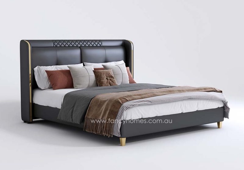 Fancy Homes Ashton Contemporary Leather Bed Frame Leather Beds Online Bed Head with Gold Trim. Dark Grey Colour. Available in Queen and King Size Leather Bed