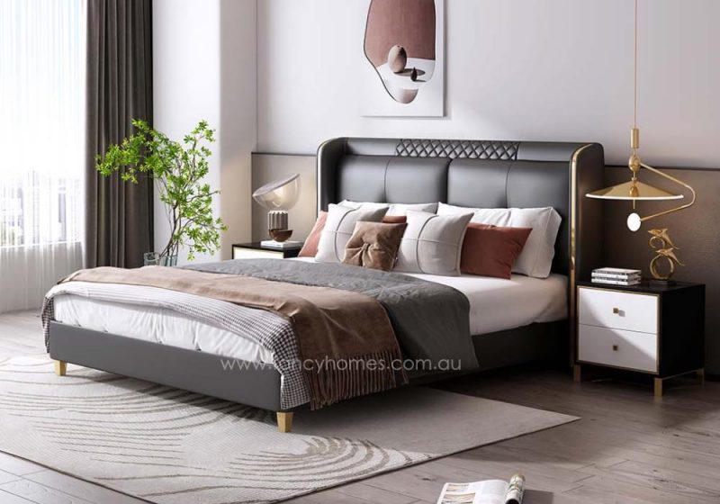 Fancy Homes Ashton Contemporary Leather Bed Frame Leather Beds Online Bed Head with Gold Trim. Dark Grey Colour. Available in Queen Size Leather Bed and King Size Leather Bed