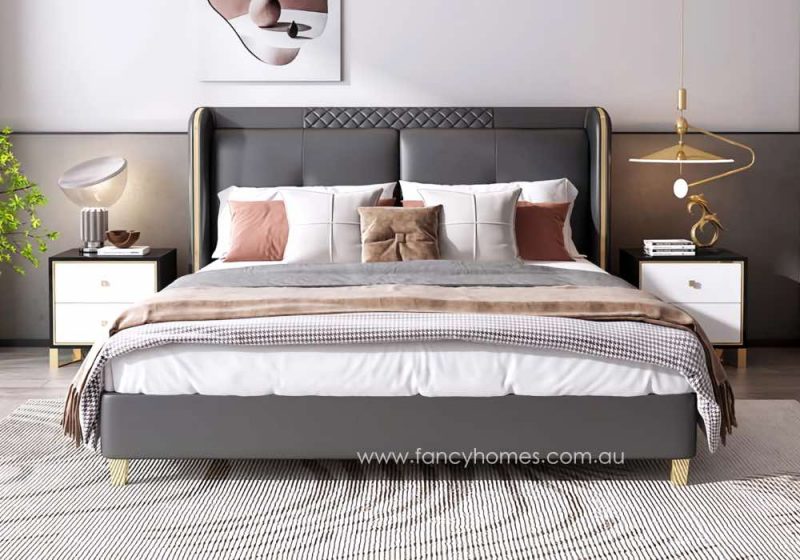 Fancy Homes Ashton Contemporary Leather Bed Frame Leather Beds Online Bed Head with Gold Trim. Dark Grey Colour. Available in Queen and King Size Bed