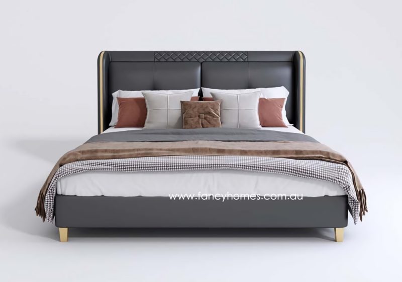 Fancy Homes Ashton Contemporary Leather Bed Frame Leather Beds Online Bed Head with Gold Trim. Dark Grey Colour. Available in Queen and King Size