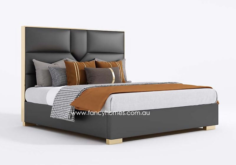 Fancy Homes Eleanor Contemporary Leather Bed Frame Leather Beds Online with Gold Trim on Bed Head. Black and Gold Colour Bed Available in Queen Size and King Size Bed