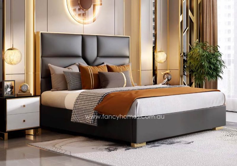 Fancy Homes Eleanor Contemporary Leather Bed Frame Leather Beds Online with Gold Trim on Bed Head. Black and Gold Colour Bed in Queen and King Size