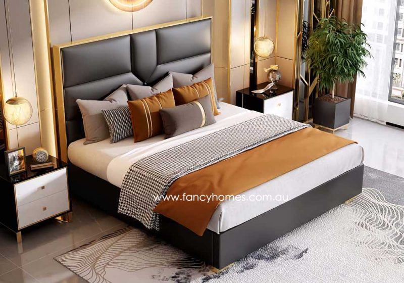 Fancy Homes Eleanor Contemporary Leather Bed Frame Leather Beds Online with Gold Trim on Bed Head. Black and Gold Colour Bed in Queen and King Size Bed