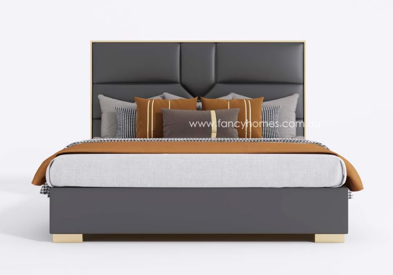 Fancy Homes Eleanor Contemporary Leather Bed Frame Leather Beds Online with Gold Trim on Bed Head. Black and Gold Colour Bed in Queen Size Bed King Size Bed