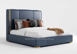 Fancy Homes Nolan Contemporary Leather Bed Frame Leather Beds Online Gold Trims on Bed Head. Available in Queen Size Bed and King Size Bed