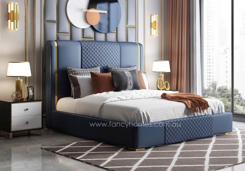 Fancy Homes Nolan Contemporary Leather Bed Frame Leather Beds Online Gold Trims on Bed Head. Available in Queen Size and King Size