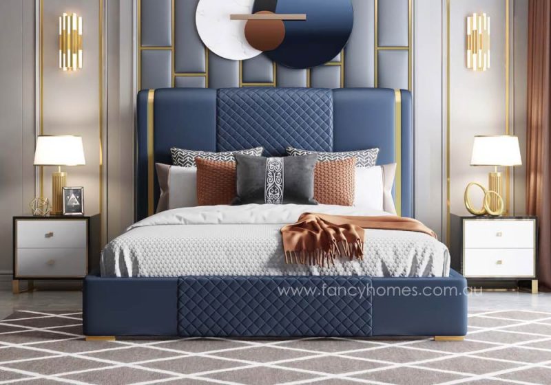 Fancy Homes Nolan Contemporary Leather Bed Frame Leather Beds Online Gold Trims on Bed Head. Available in Queen Size and King Size Bed