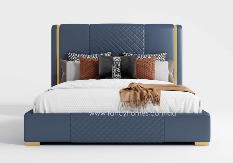 Fancy Homes Nolan Contemporary Leather Bed Frame Leather Beds Online Gold Trims on Bed Head. Available in Queen Bed and Queen Bed