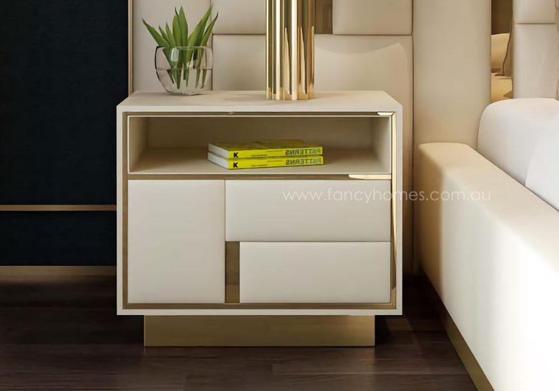 Fancy Homes Orlando Contemporary Bedside Table with Gold Trims. Ivory Cream Off White Colour Bedside Tables with Gold Trims. Customisable in Colours