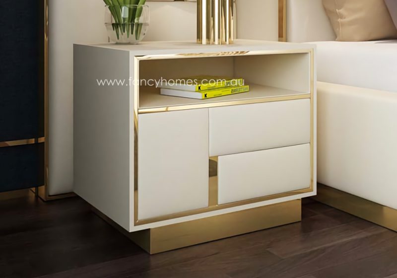 Fancy Homes Orlando Contemporary Bedside Table with Gold Trims. Ivory Colour Bedside Tables with Gold Trims. Customisable in Colours