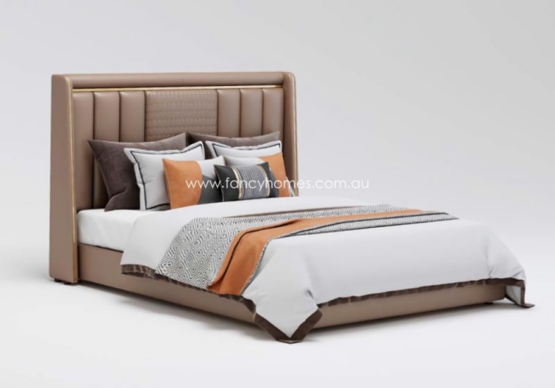 Fancy Homes Royce Contemporary Leather Bed Frame Leather Beds Online Beige Colour with Gold Trims on Bed Head Available in Queen Size and King Size