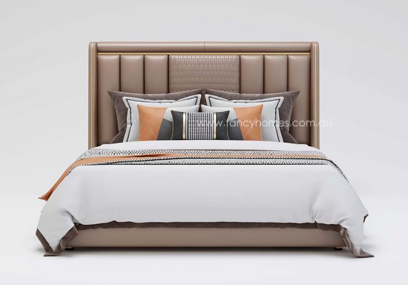 Fancy Homes Royce Contemporary Leather Bed Frame Leather Beds Online Beige Colour with Gold Trims on Bed Head Available in Queen Size Bed and King Size Bed