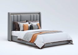 Fancy Homes Royce Contemporary Leather Bed Frame Leather Beds Online Light Grey Colour with Gold Trims on Bed Head Available in Queen Size and King Size