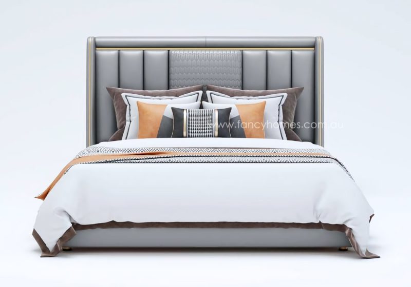 Fancy Homes Royce Contemporary Leather Bed Frame Leather Beds Online Light Grey Colour with Gold Trims on Bed Head Available in Queen Size and King Size Bed