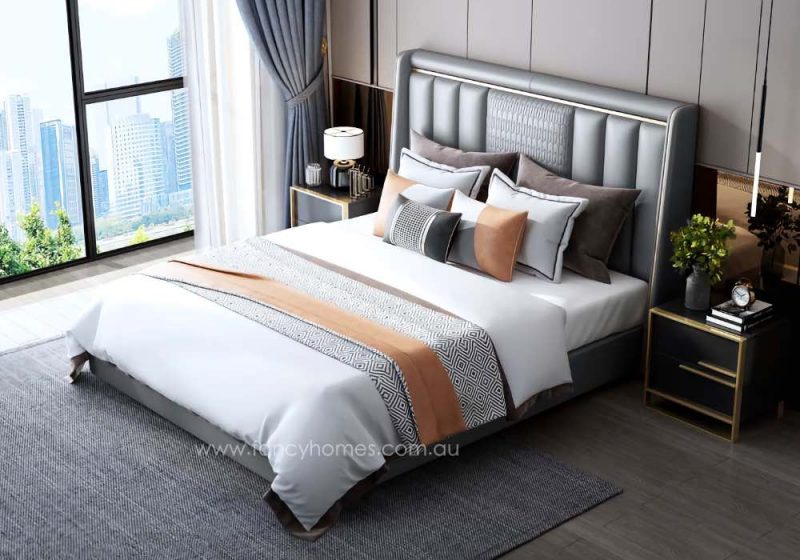 Fancy Homes Royce Contemporary Leather Bed Frame Leather Beds Online Light Grey Colour with Gold Trims on Bed Head