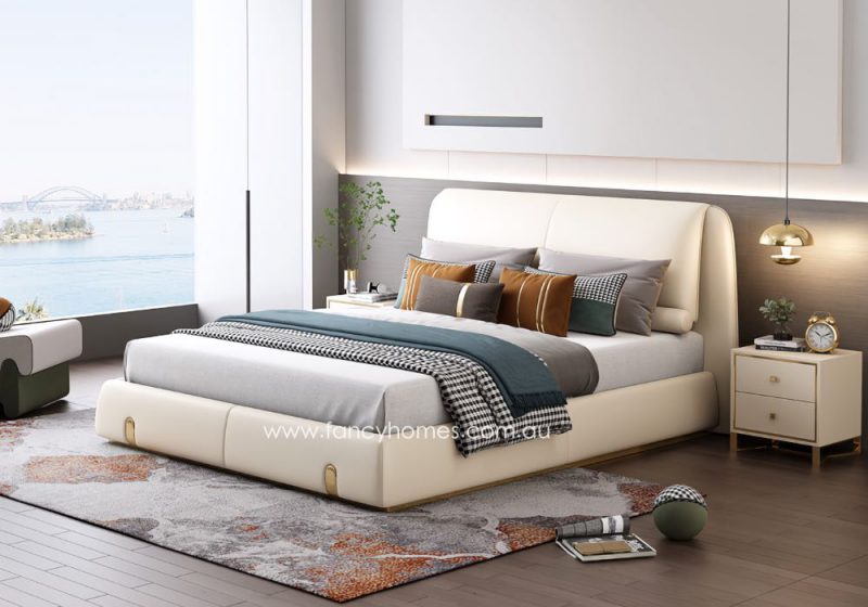 Fancy Homes Sidney Contemporary Leather Bed Frame Leather Beds Online Off White Ivory Creamy White Colour Leather Bed with Gold Metal Available in Queen Size Bed and King Size Bed