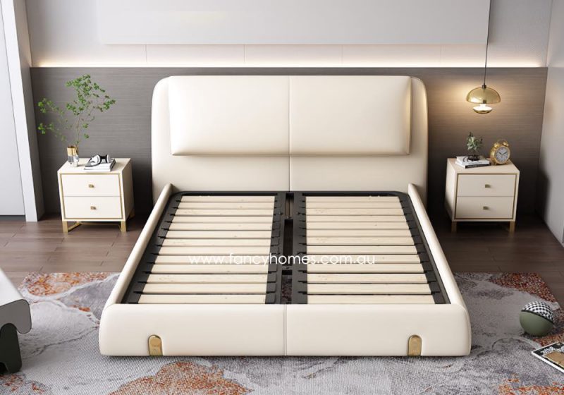 Fancy Homes Sidney Contemporary Leather Bed Frame Leather Beds Online Off White Ivory Creamy White Colour Leather Bed with Gold Metal Available in Queen Size and King Size