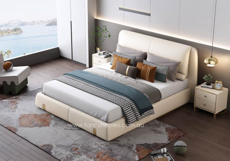 Fancy Homes Sidney Contemporary Leather Bed Frame Leather Beds Online Off White Ivory Creamy White Colour Leather Bed with Gold Metal Available in Queen and King Size