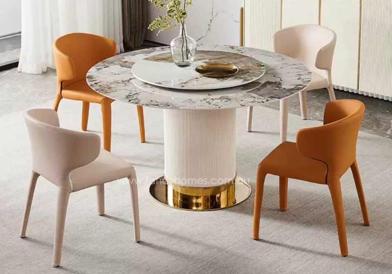 Fancy Homes Sorrento Round Sintered Stone Top Round Dining Table White and Gold Base with Pandora Top