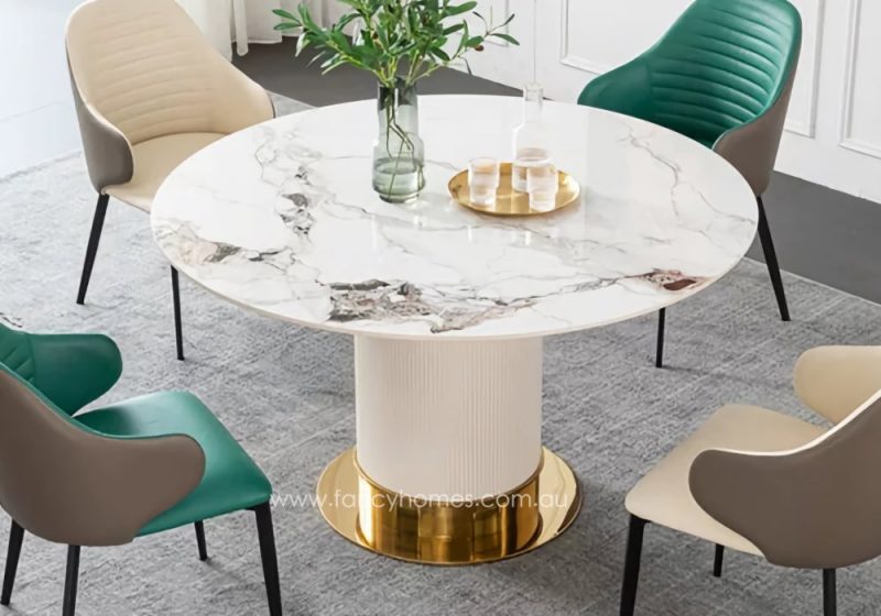 Fancy Homes Sorrento Round Sintered Stone Dining Table With Lazy Susan With White and Gold Colour Base And Alps Gleam Top