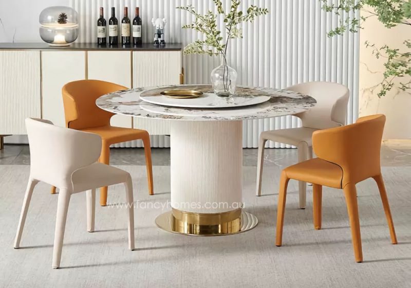 Fancy Homes Sorrento Round Sintered Stone Top Dining Table With Lazy Susan and Pandora Colour Top With White and Gold Colour Base