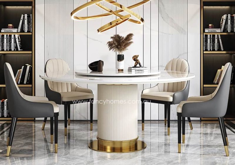 Fancy Homes Sorrento Round Sintered Stone Top Round Dining Table with Lazy Susan White and Gold Base