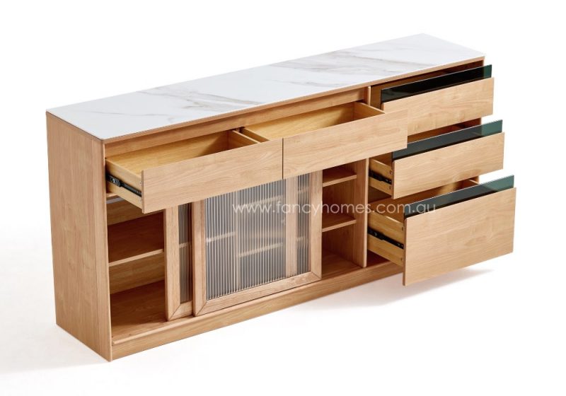 Fancy Homes Harper-B Sintered Stone Top Storage Buffet Table Buffet Cabinet Storage Compartment Details. Combine Wood Cabinet and Sintered Stop Top. With Enclosed Storage Shelves with Sliding Glass Door. Also with Drawers.