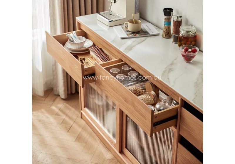 Fancy Homes Harper-B Sintered Stone Top Storage Buffet Table Buffet Cabinet Drawers. Combine Wood Cabinet and Sintered Stop Top. With Enclosed Storage Shelves with Sliding Glass Door. Also with Drawers.