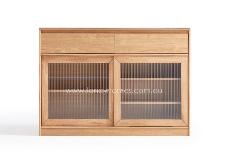 Fancy Homes Harper Sintered Stone Top Storage Buffet Table Buffet Cabinet Front Details. Combine Wood Cabinet and Sintered Stop Top. With Enclosed Storage Shelves with Sliding Glass Door. Also with Drawers.