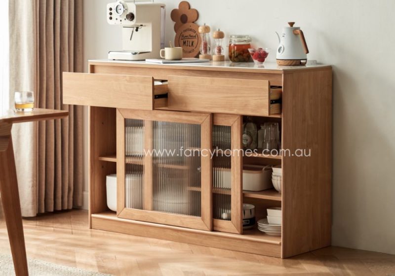 Fancy Homes Harper Sintered Stone Top Storage Buffet Table Buffet Cabinet Side. Combine Wood Cabinet and Sintered Stop Top. With Enclosed Storage Shelves with Sliding Glass Door. Also with Drawers.