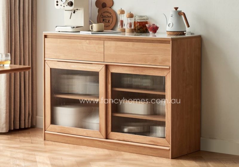 Fancy Homes Harper Sintered Stone Top Storage Buffet Table Buffet Cabinet. Combine Wood Cabinet and Sintered Stop Top. With Enclosed Storage Shelves with Sliding Glass Door. Also with Drawers.