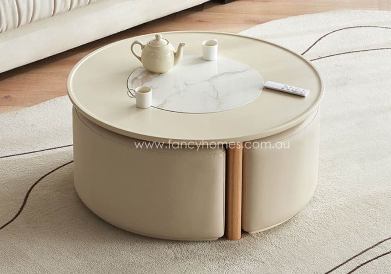 Fancy Homes Collette Sintered Stone Top Coffee Table with Tuck-in Ottomans