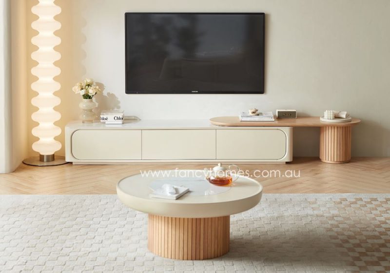 Fancy Homes Vienna Sintered Stone Coffee Table and Extension TV Unit Set Wood Base Coffee Table and TV Unit with Sintered Stone Top