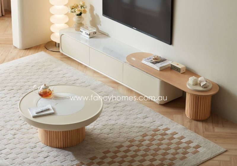 Fancy Homes Vienna Sintered Stone Coffee Table and Extension TV Unit Set Wood Base Coffee Table and TV Unit and Sintered Stone Top