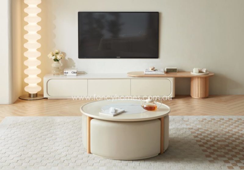 Fancy Homes Collette Convertible Coffee Table with Ottomans and Vienna Extension TV Unit Wood Base